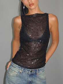 Women's Beads Sequins Tank Top Sparkle Sleeveless Boat Neck Solid Party Clubwear Vest