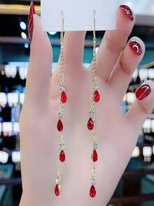 1 Pair Fashion Rhinestone Water Drop Long Tassel Ear Chain Earrings, Versatile Personalized Design For Women - Multicolor - View 2