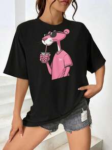 Camiseta gráfica de té Boba con estampado de Pantera Rosa rosa para mujer | Linda camiseta de manga corta con estampado de animal de dibujos animados | Top informal de estilo callejero de moda para mujer - Negro - Ver 1