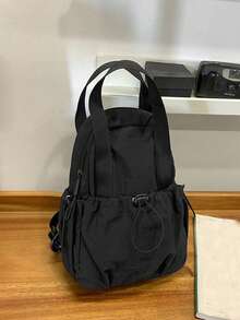 1pc Plain Nylon Backpack, Multifunctional Hand Tote Shoulder Bag, Suitable For University Students, Zipper Closure, Daily Wear - Black - View 1