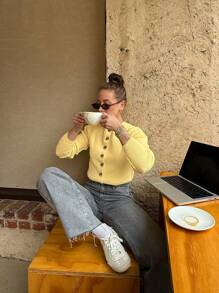 جاكيت كارديجان محبوكة بأكمام راجلان وأزرار، بياقة دائرية، بأكمام طويلة، لون أصفر زبدي، للنساء في الربيع والصيف والخريف، للاستخدام اليومي