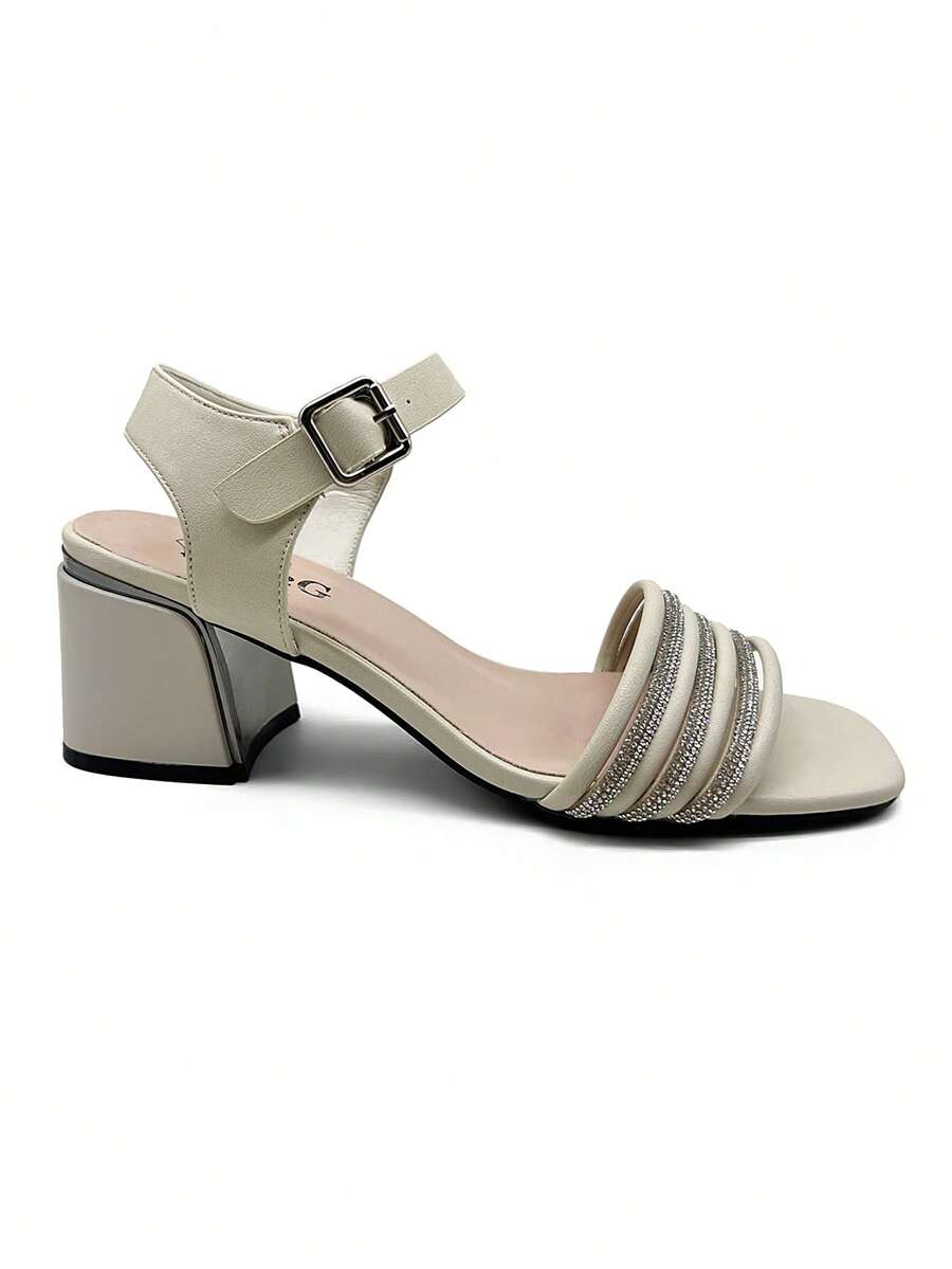 Sandales à talons hauts avec boucle réglable et décoration de strass pour femmes - Beige - Voir 1