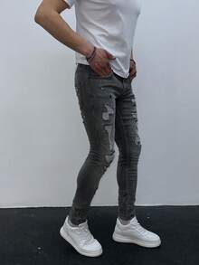 Men's Grey Distressed Skinny Jeans, Fashionable For Summer - Blue - View 4