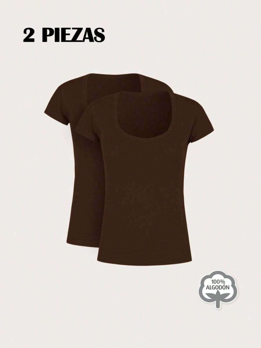 Paquete set 2 playeras dama mujer basica manga corta cuello redondo algodon 100% ajustada comoda ligera fresca, comoda, ideal para uso diario - Marrón Chocolate - Ver 1
