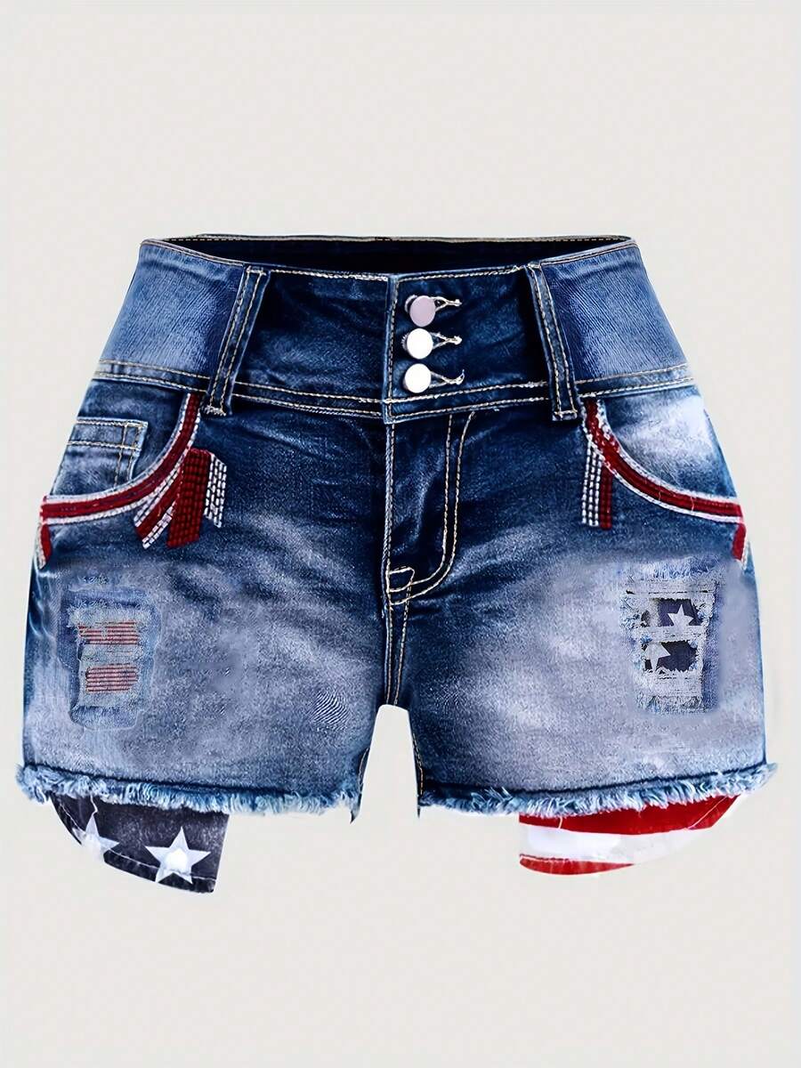 Women's Pocketed Distressed Raw Hem Casual Versatile Denim Shorts - Medium Wash - View 1