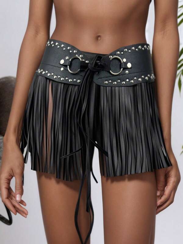 1pc Y2K Style Women Punk Fringe Wide Waist Belt, Street Casual Fashion Accessory, Suitable For Festival Decoration, Music Festival Party, Birthday & Valentine Gift