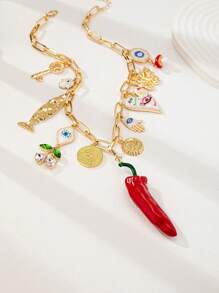 Collar de perlas falsas hechas a mano con encantos de mariposa con lazo de cereza, collar con Charm de pez, collares con múltiples encantos de cruz, ojo malvado y chili (los colores y formas tienen aleatoriedad)