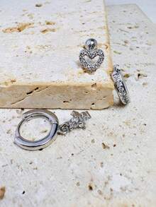 3 件不锈钢耳垂耳环，14K 镀金闪亮 CZ 耳环套装，白色锆石花朵风格耳钉，适合女士女孩 - 銀色 - 查看 21