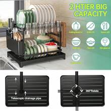 Three-In-One Dish Rack, Chopstick Holder And Chopping Board Rack, Retractable Storage Under The Counter, No Need To Drill Holes, Retractable Draining Storage Rack, Anti-Rust And Anti-Mold Countertop Storage Tool - Lớp kép màu đen - Xem 8