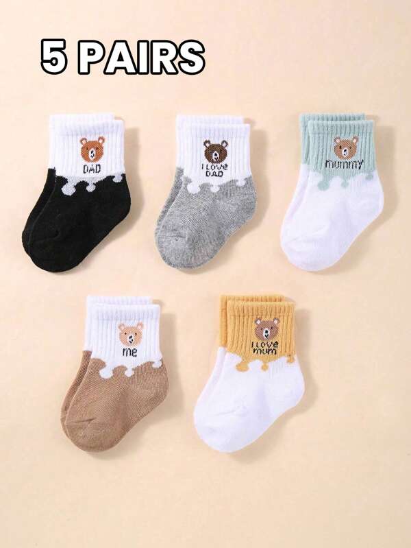 5 Pairs Soft Baby Socks With Cartoon Bear Pattern