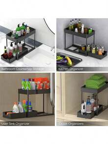 Under Sink Organizers And Storage, 2-Tier Sliding Cabinet Basket Organizer With Hooks, Multi-Purpose Under Sink Organizers And Storage For Bathroom Kitchen - Black - View 8