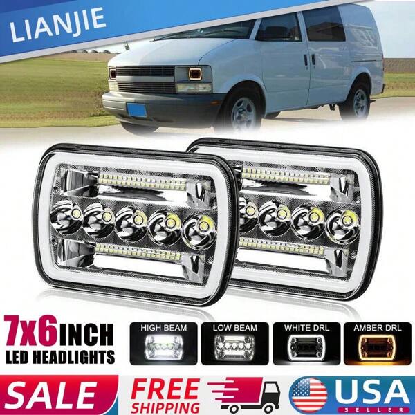 2PCS Pair Of 7x6 LED Headlights For Chevy Express 1500 2500 3500 With Halo DRL DOT