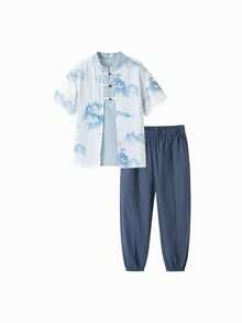 Balabala Young Boy Short Sleeve Set 2025 Summer New Boys' Chinese Style Tang Suit Buttoned - Blue Tint - View 4