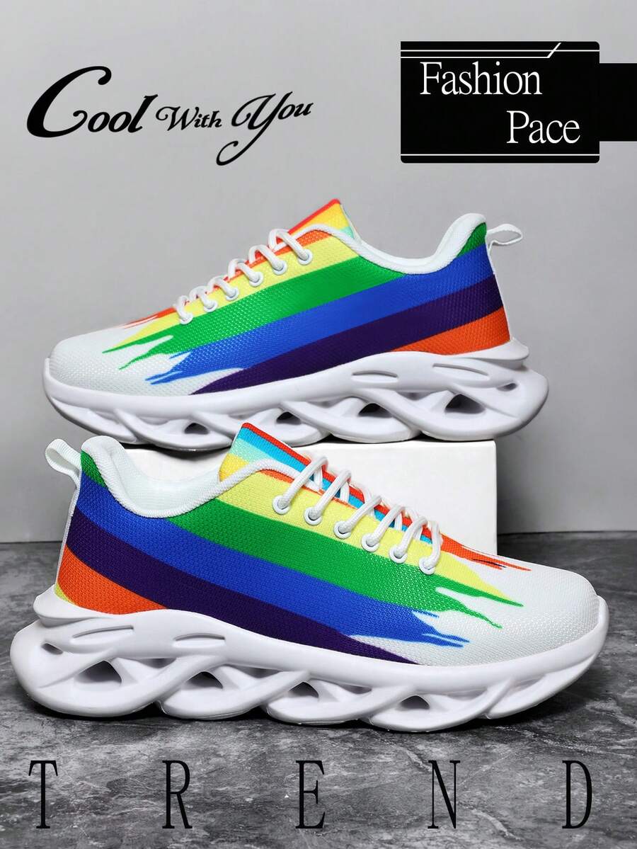 Men's Fashion Colorful Stripe Hollow Out Braided Sole Casual Sneakers, Outdoor Classic Comfortable Lightweight Everyday Versatile Couple Running Shoes, All Season