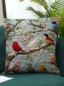 Capa de almofada inspirada em pássaros da primavera, 1 peça, 45,72 x 45,72 cm, tecido de poliéster macio de pelo curto com estampa vibrante de flores e pássaros coloridos, lavável à máquina, fecho de zíper - ideal para decoração moderna, capa de almofada decorativa | Design vibrante de pássaros | Tecido de textura suave, almofadas decorativas