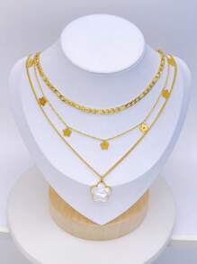 1pc Fashionable Multi-Layer Necklace, White Shell Flower Pendant Stainless Steel Chain, Suitable For Women'sCasual Daily Wear