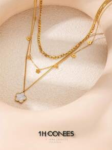 1pc Fashionable Multi-Layer Necklace, White Shell Flower Pendant Stainless Steel Chain, Suitable For Women'sCasual Daily Wear