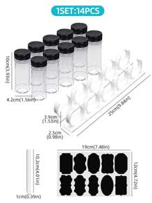 Set de 14 tarros de especias de plástico con tapas de clip, estantes de almacenamiento y kit de etiquetas para el hogar y la cocina, organización de cocina