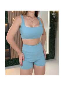 Fitness Short Set With Thick Strap Top - 淺藍色 - 查看 1