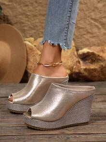 新款草编坡跟绳编日常女凉鞋，黑色高跟厚底露趾鞋，春夏穿搭 - 金色 - 查看 4