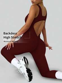 Aaseow Mujeres Mono Acampanado para Entrenamiento, Malla Elástica de Alto Rendimiento, Mono Sexy con Espalda Descubierta para Gimnasio, Mono Ajustado con Pliegues en el Trasero, Malla Moldeadora con Espalda en V - Burdeos - Ver 2