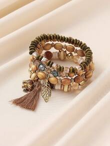 4 件套波西米亚复古串珠叶流苏吊坠多层手链，适合女士休闲、沙滩、度假穿着 - 彩色 - 查看 6