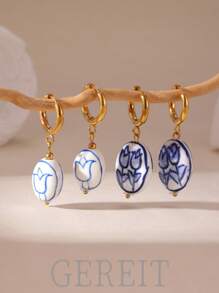 GEREIT 1 Pair Vintage Blue & White Porcelain Tulip 18K Gold Stainless Steel Dangle Earrings, Suitable For Women's Daily Accessories