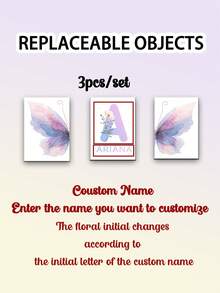 3 件无框个性化紫色蝴蝶名字艺术印刷象形图片热气球印刷海报动物帆布画月亮和星星墙壁艺术婴儿房海报女婴卧室装饰，儿童照片定制壁画，极简风格墙面装饰，个性化定制照片印在画布上，无框油画风格壁画