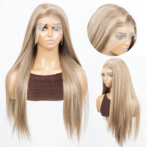 Blonde Highlight Brown Mixed Color 13x6 Synthetic Lace Front Wigs For Women 22 Inch Long Straight Glueless Kanekalon Hair Resistant Synthetic Hair Wigs Free Part 150% Density Ombre Blonde Highlights Mixed Color Heat Resistant Fiber Synthetic Lace Front Wigs Natural Hairline For Women Daily Party Vacation Holiday Use