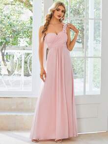 One Shoulder Ruched Bodice Prom Dress Elegant Bridesmaid Dress - Baby Pink - View 8