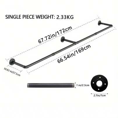 1-Pack Industrial Pipe Clothing Rack - Detachable Wall Mounted Heavy Duty Space Saving Garment Rack For Closet Storage - Black, 2/3 Base,Storage Holders & Racks Sturdy And Adjustable