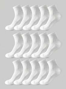 15 Pairs Unisex White Mid-Calf Socks, Sports & Casual Comfortable Breathable Socks For Daily Wear, Home & Travel