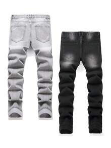 2-Pack Men's Slim Fit Ripped Jeans With Star And Palm Tree Embroidery, Vintage Wash Denim, Light Grey And Black, Mid-Rise, Comfortable Fit, Perfect For Casual Outings - Pha trộn màu sắc - Xem 2