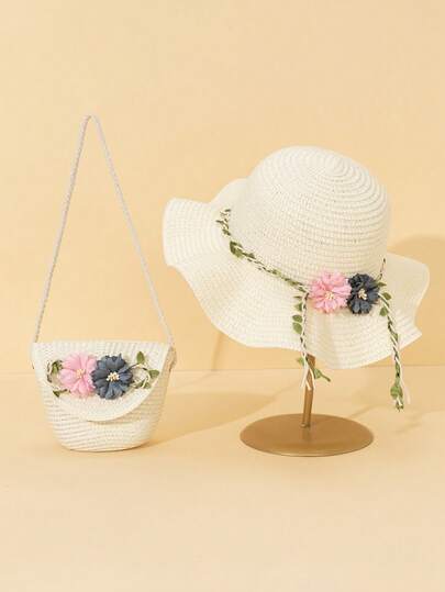2pcs Kids Sun Hat Set, Cute Grass Wreath, Wavy Brim, Bow Decor Girls Hats