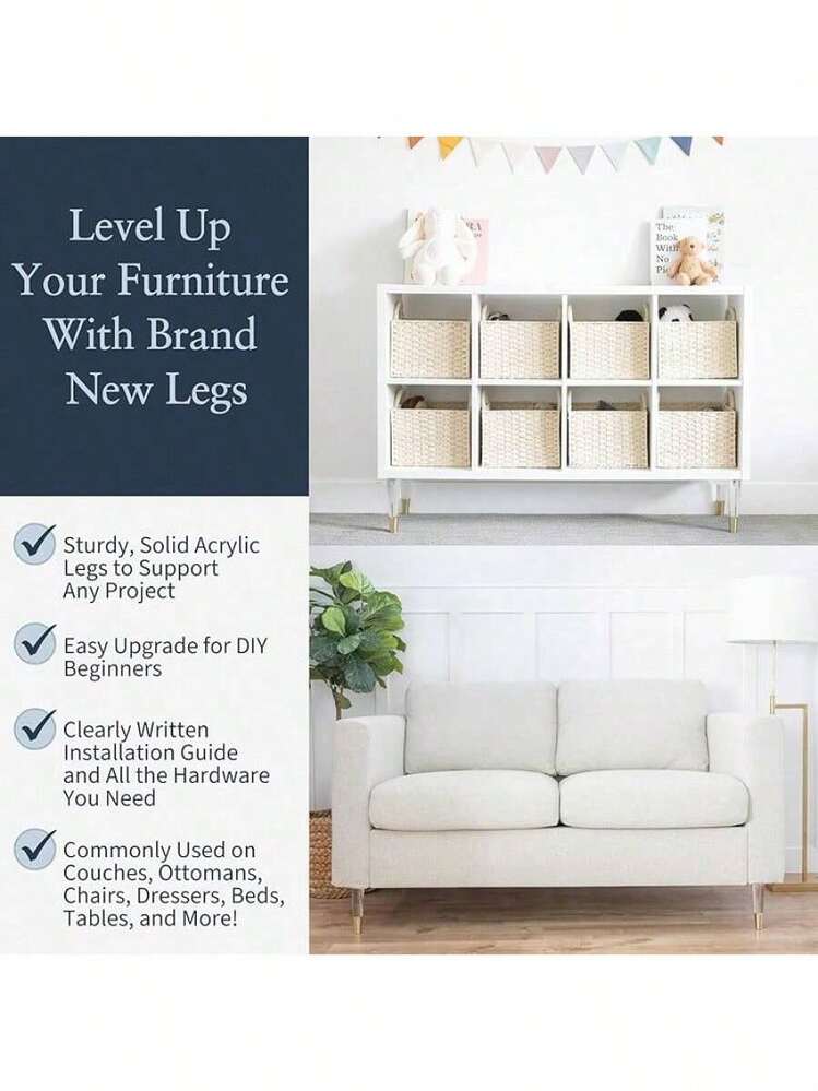 Acrylic Furniture Legs With Gold Caps - Mid Century Legs For Couch, Sofa, Chair, Table, Dresser, Bed, Cabinet - Furniture Feet Are Easy To Install & Include Installation Hardware - Set Of 4, 6 Inches - 6吋 - 查看 2