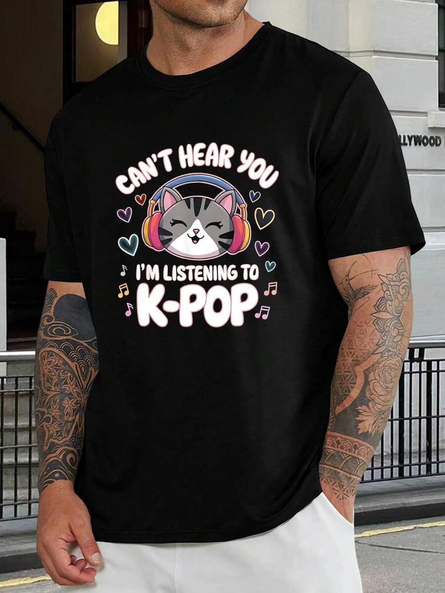 Camiseta de Gato K-Pop Linda - Mercancía para Fanáticos de Ídolos Coreanos - Camiseta Gráfica para Amantes de la Música para Mujeres y Hombres - Negro - Ver 1