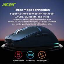 Acer Ratón inalámbrico OMR226 | Sensor PAW insignia y frecuencia de sondeo de 1000Hz | Conectividad de triple modo y porcentaje de batería | Compañero de juego de larga duración