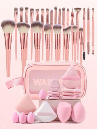 42 pièces Ensemble d'outils de maquillage comprenant [Cadeau] : 1 pièce Trousse de toilette et de cosmétique multifonctionnelle avec fermeture éclair, imperméable + 25 pièces Set de pinceaux de maquillage + 2 pièces Éponges de maquillage + 4 pièces Mini éponges de maquillage + 6 pièces Tampon de poudre triangulaire + 4 pièces Mini tampon à coussin d'air pour poudre
