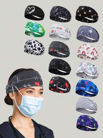 Headbands With Button For Mask, Wide Nurses Headbands Non Slip Elastic Ear Protection For Women Men Doctors Sweatband Headband Fall Winter Hair Band Hair Accessories For Women For Vacation Outfits Woman Elegant Scarf Women Bandanas