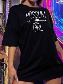 Camiseta gráfica de mujer con diseño de zarigüeya, camiseta linda para amantes de los animales, camiseta negra de cuello redondo y manga corta, moda casual para uso diario, regalo perfecto - Negro - Ver 2
