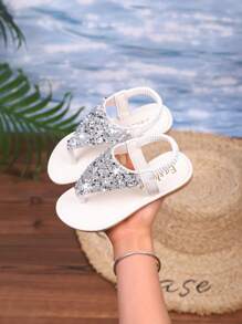 New Summer Fashion For Toddlers/Little Girls In 2025: Large Rhinestone Decorated, Flat-Bottomed, Anti-Slip Round-Toed Slippers, Suitable For Beach And Home Wear