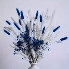 55pcs Classic Artificial Blue Lagurus Tail Grass Bouquet, White Vines Pampas Grass For Wedding, Birthday, Party, Christmas, Thanksgiving Home Decor, Living Room, Office, Farmhouse, Tabletop Flower Arrangement, Holiday Theme Decoration,Fall Decor,Autumn