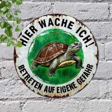 Panneau mural en métal vintage de 20 cm x 20 cm "Je suis de garde ! Entrez à vos risques et périls" - Décoration allemande, thème tortue et humour, convient pour le jardin, la terrasse ou l'espace extérieur, durable et facile à nettoyer, décoration de jardin avec tortue