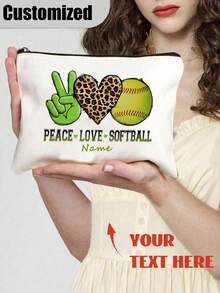 1 pieza "Paz Amor Softbol" Estuche organizador con cremallera - Gesto de mano verde, corazón de leopardo, diseño de béisbol - Bolsa de maquillaje de poliéster ligera con cierre de cremallera - Ideal para viajes, regalos de fiesta y almacenamiento de cosméticos, accesorios de softbol | Accesorio alegre | Cierre con cremallera, bolsas de softbol - Multicolor - Ver 1