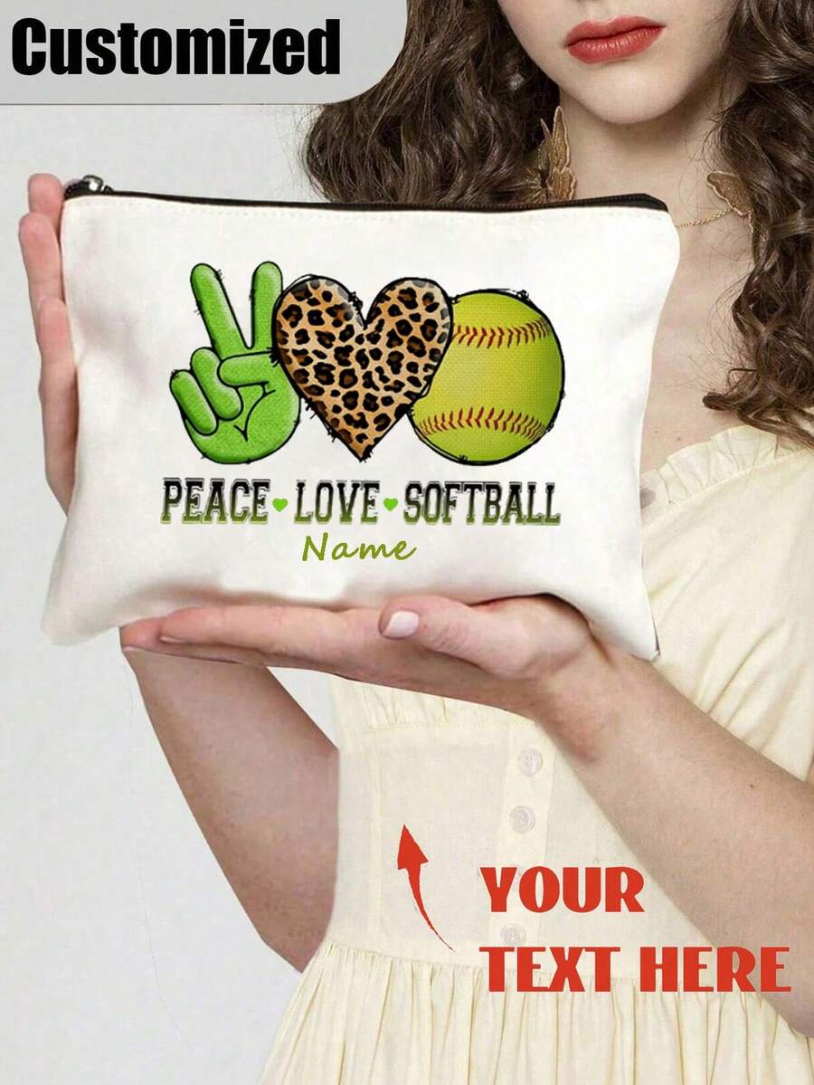 1 pieza "Paz Amor Softbol" Estuche organizador con cremallera - Gesto de mano verde, corazón de leopardo, diseño de béisbol - Bolsa de maquillaje de poliéster ligera con cierre de cremallera - Ideal para viajes, regalos de fiesta y almacenamiento de cosméticos, accesorios de softbol | Accesorio alegre | Cierre con cremallera, bolsas de softbol - Multicolor - Ver 1