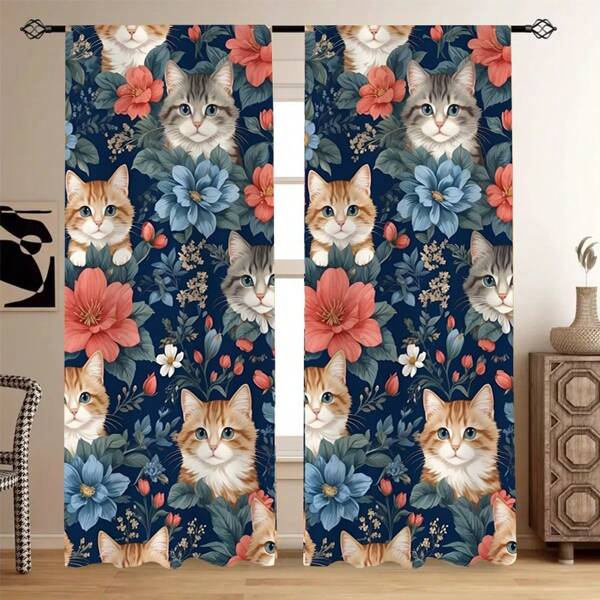 2 pezzi/1 set Tenda boema con motivo floreale e gatto carino, tenda oscurante lavabile per divisori di camera da letto, soggiorno, decorazione domestica, vacanza
