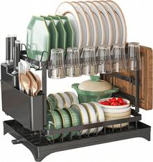 Three-In-One Dish Rack, Chopstick Holder And Chopping Board Rack, Retractable Storage Under The Counter, No Need To Drill Holes, Retractable Draining Storage Rack, Anti-Rust And Anti-Mold Countertop Storage Tool - Lớp kép màu đen - Xem 1