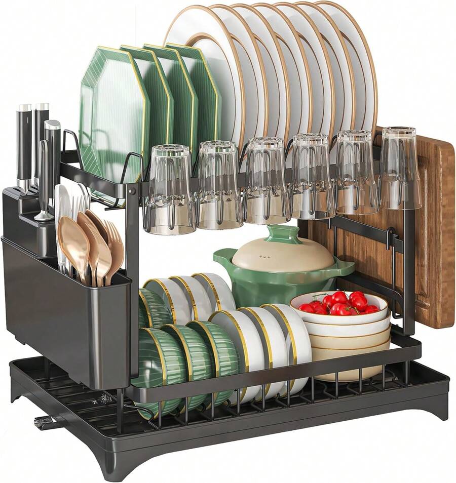 Three-In-One Dish Rack, Chopstick Holder And Chopping Board Rack, Retractable Storage Under The Counter, No Need To Drill Holes, Retractable Draining Storage Rack, Anti-Rust And Anti-Mold Countertop Storage Tool - Lớp kép màu đen - Xem 1