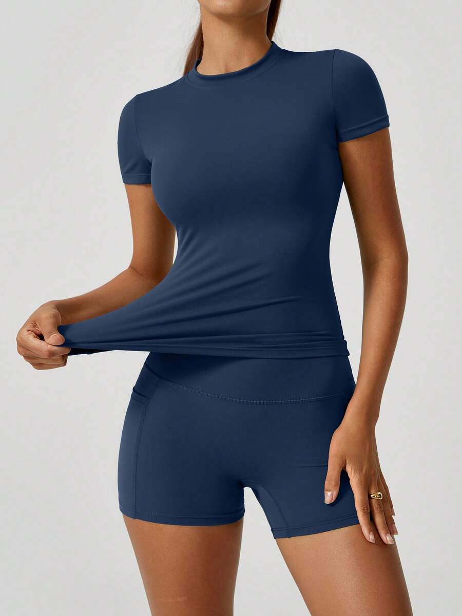 NcmRyu 女士舞蹈休闲运动健身甜美短袖提臀短裤运动套装 - 藍色 - 查看 1
