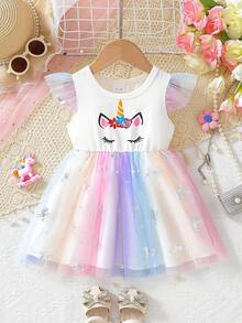 0-3 岁女婴独角兽主题单件套装，独角兽图案搭配渐变色薄纱裙，可爱优雅，适合 0-3 岁女婴春夏季穿着，适合节日、派对和家庭聚会 - 白色 - 查看 1